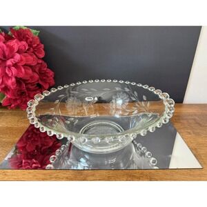 Vintage Etched Glass Pedestal Bowl‎ Scalloped Waded Edge Floral Design